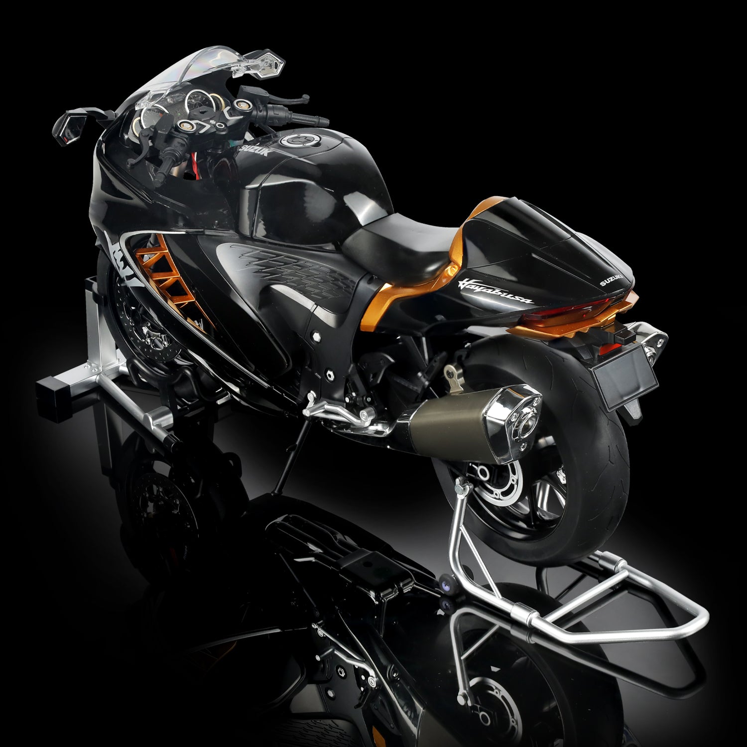 RISOPEN 1:6 Suzuki Hayabusa motorcycle model in black with orange accents, rear view on stand