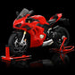 Side view of Ducati Panigale V4 SP2 motorcycle model on display with stand and detailed features.