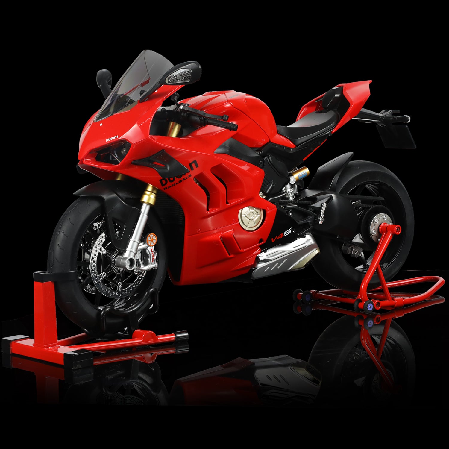 Side view of Ducati Panigale V4 SP2 motorcycle model on display with stand and detailed features.