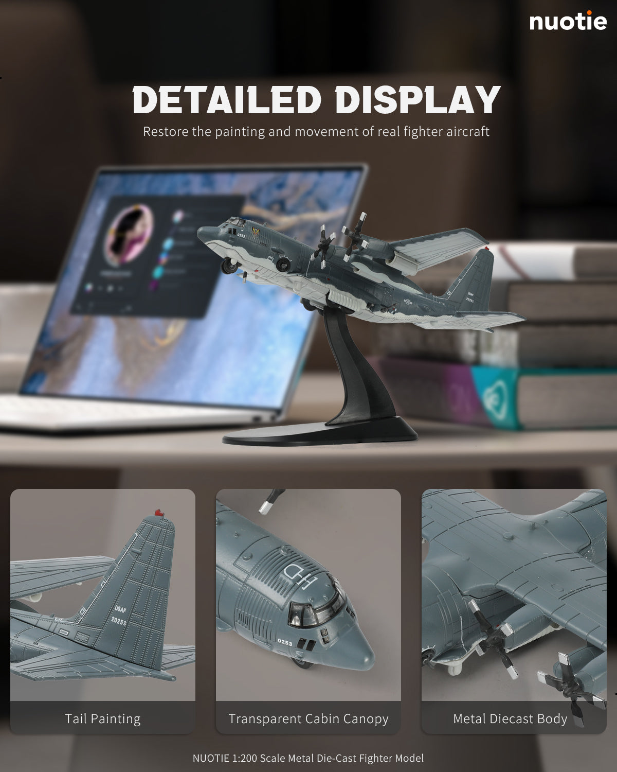 NUOTIE AC-130U Spooky II gunship model in grey, detailed view with transparent cabin and tail painting