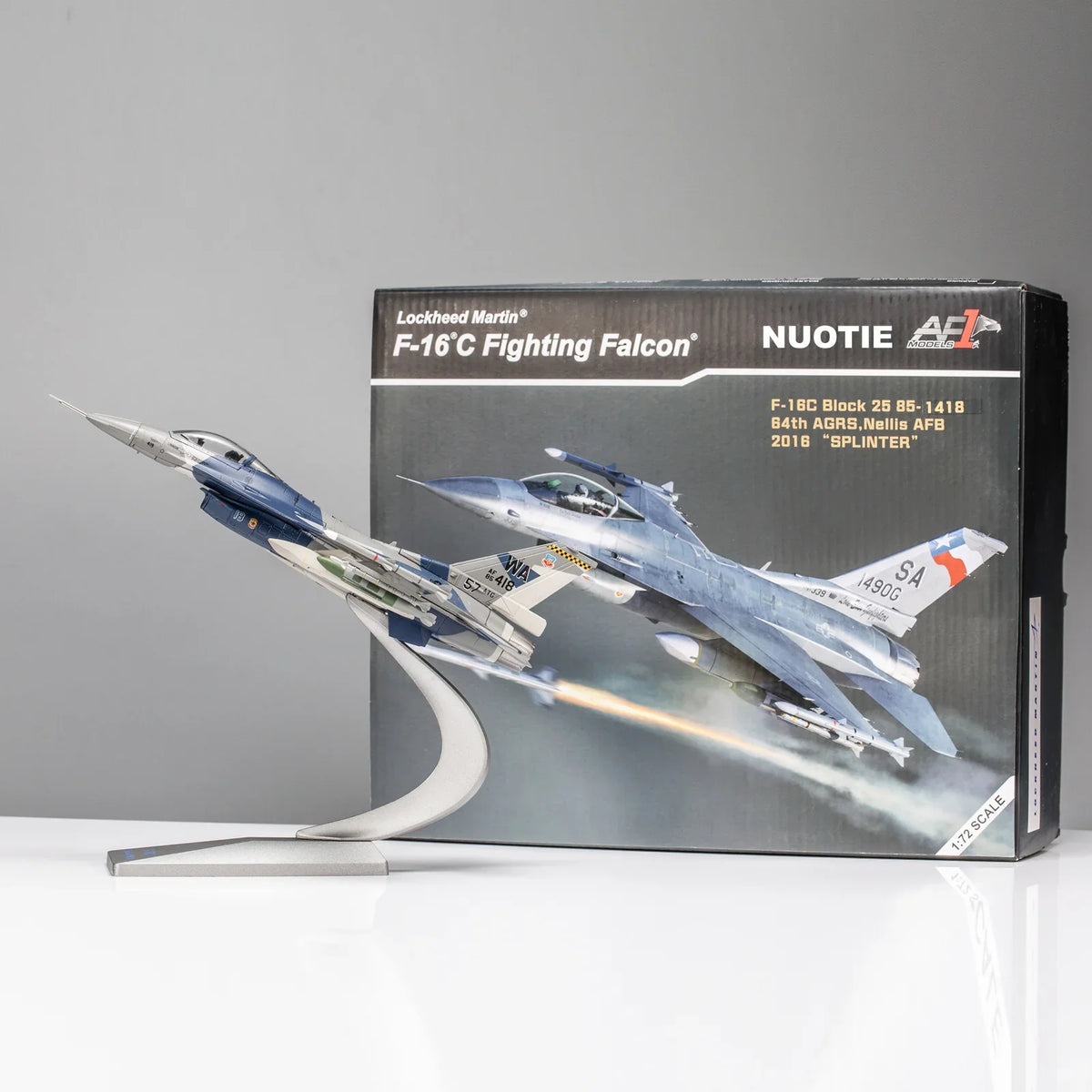 NUOTIE F-16C Fighting Falcon model displayed with packaging, aircraft in action pose