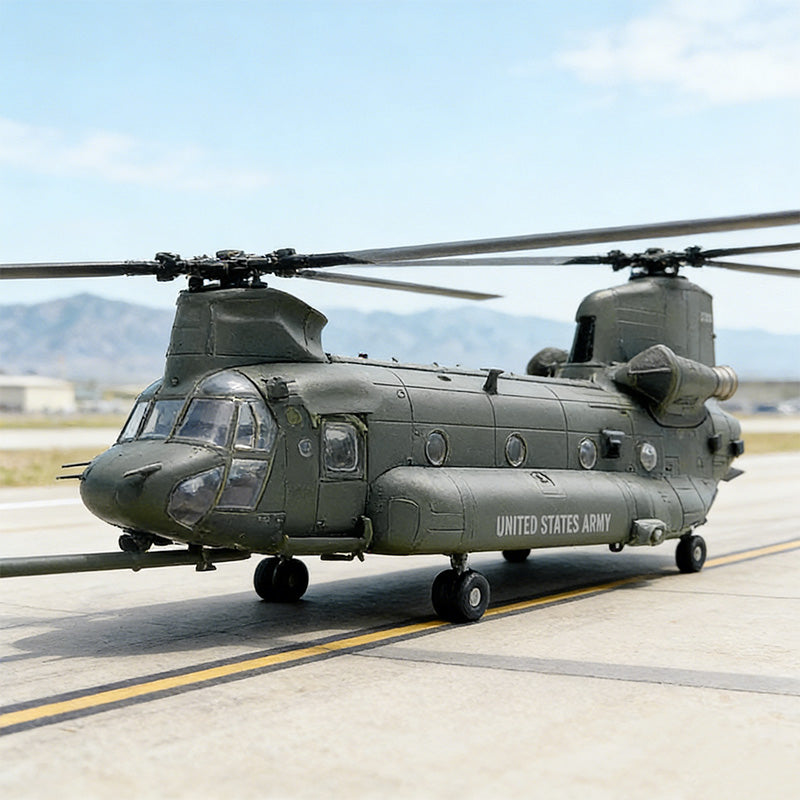 NUOTIE Model MH-47G Chinook helicopter in grey, front view on runway