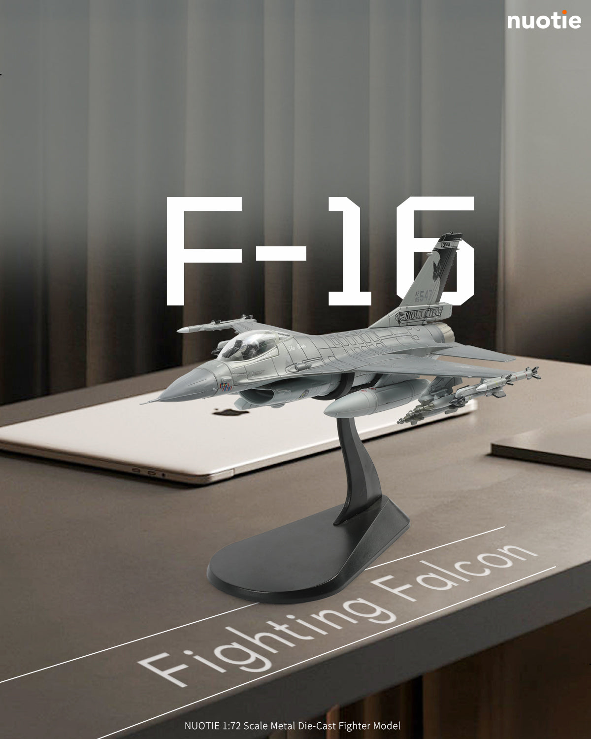 NUOTIE F-16 Fighting Falcon model in black, shown on a desk with a transparent cabin canopy.