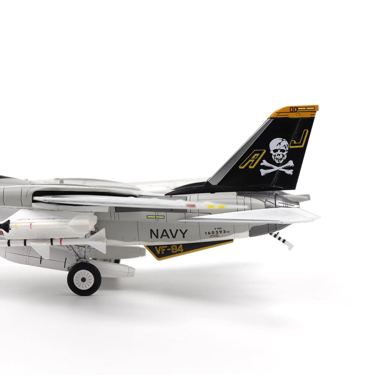 NUOTIE Model F-14A Jolly Rogers fighter model aircraft side view showing tail design and navy color