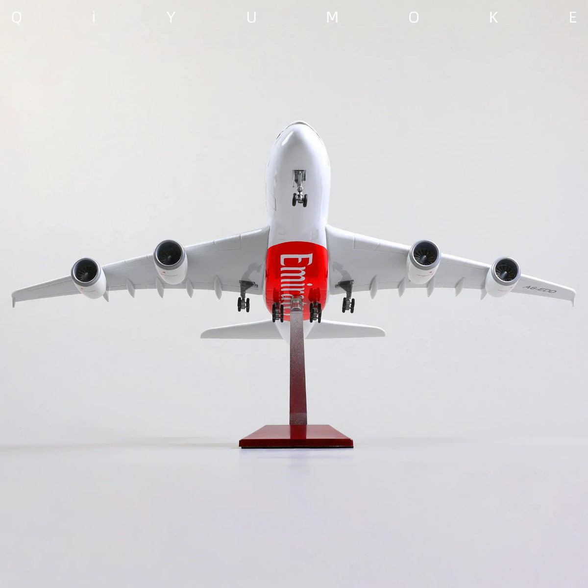 QIYUMOKE Airbus A380 Emirates model in white, front view on display stand