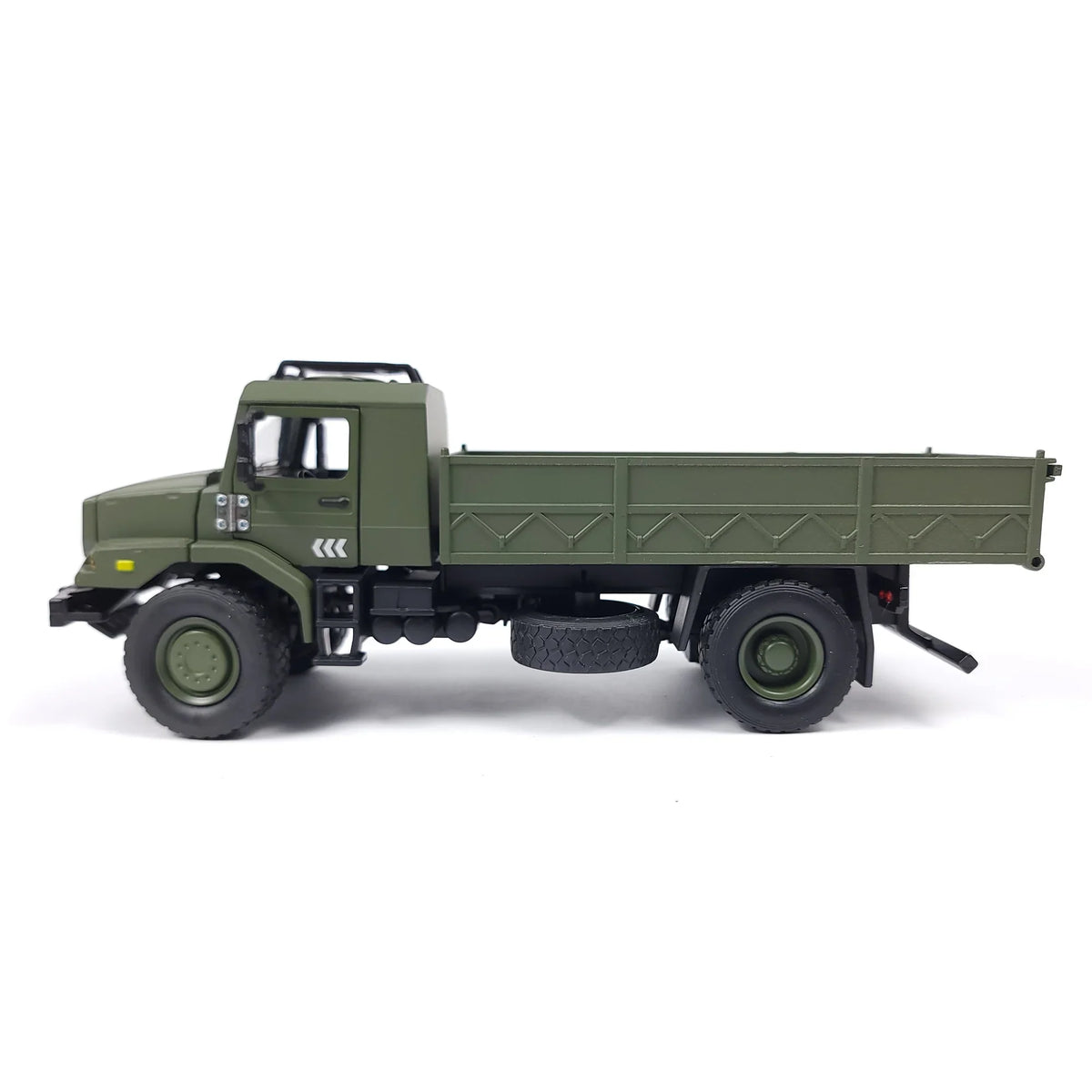Side view of the military truck model showcasing the cargo bed and wheel details.