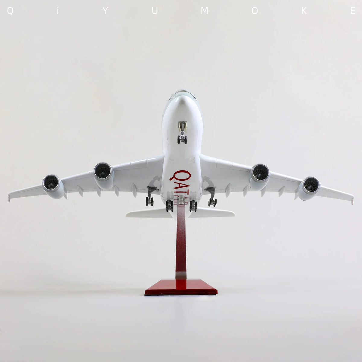 QIYUMOKE Airbus A380 Qatar Airways airplane model in front view displayed on stand