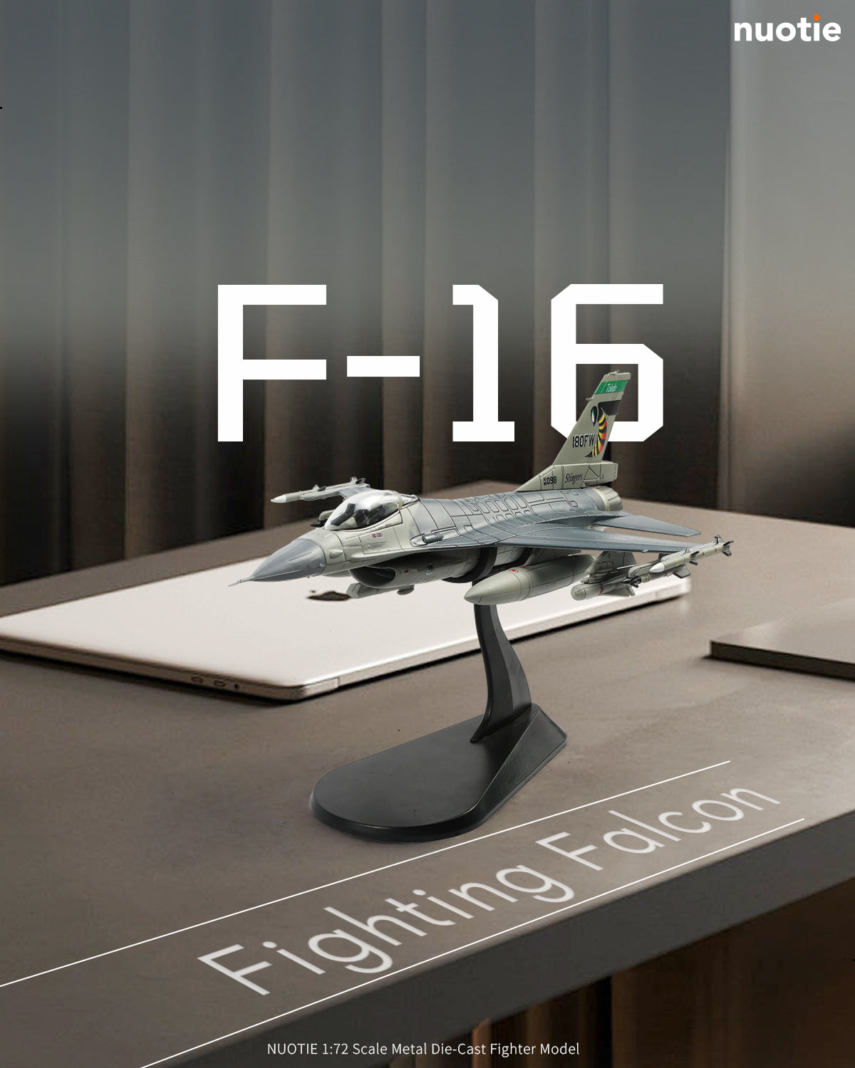 NUOTIE F-16 Fighting Falcon diecast model in 'Stinger' livery on display with a sleek design