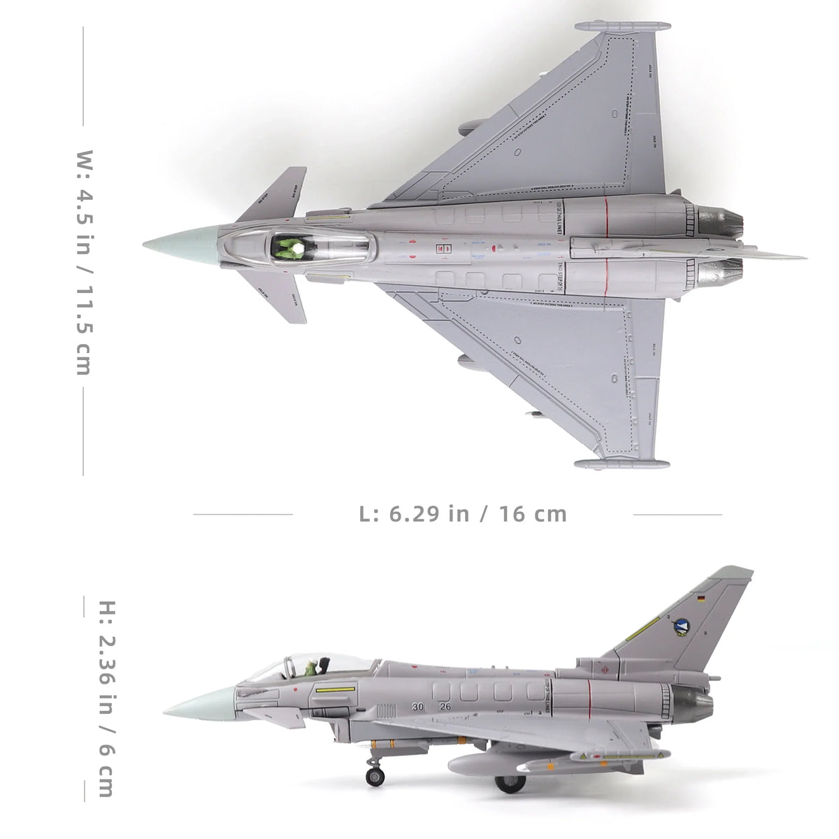 NUOTIE Eurofighter Typhoon model in gray, side view with dimensions