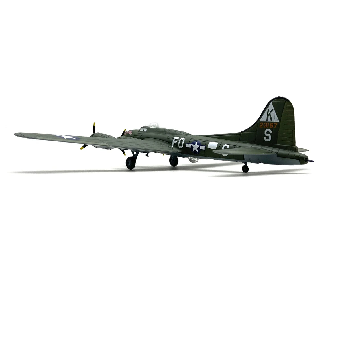 NUOTIE Model B-17F Flying Fortress aircraft in green with detailed tail, rear view