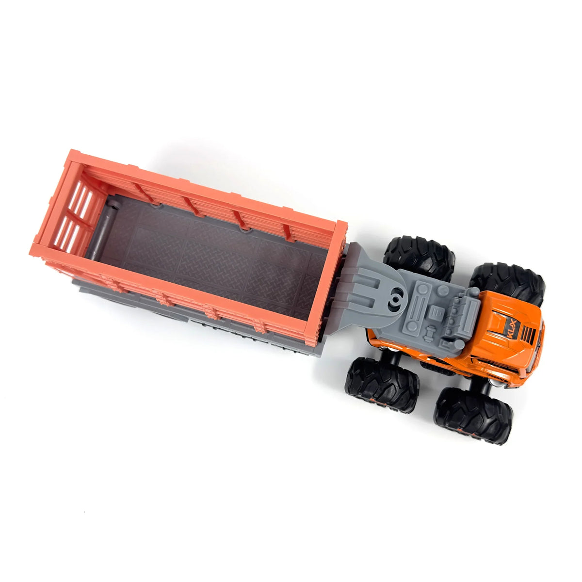 RISOPEN 1:43 die-cast orange dump truck model with large black tires on a white background