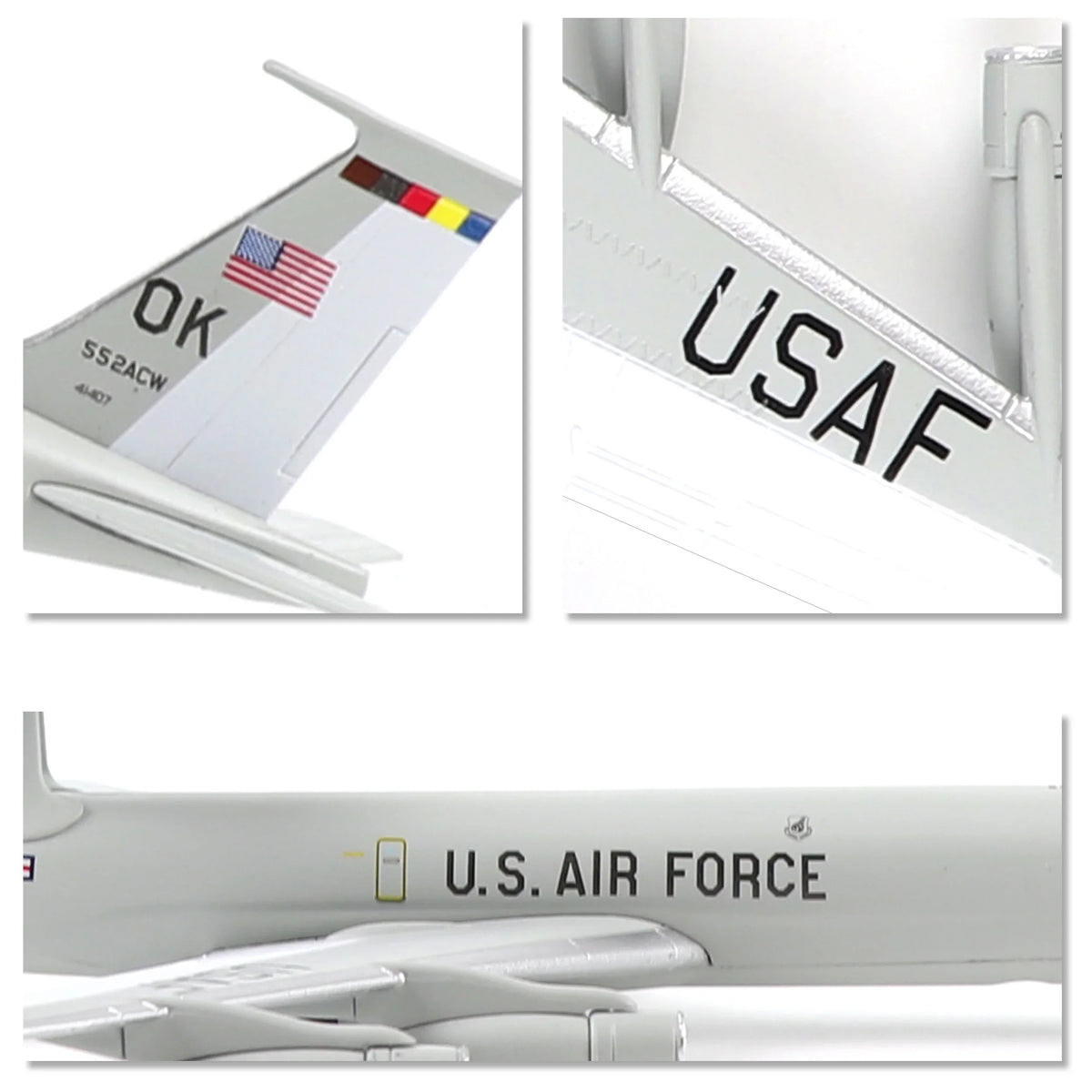NUOTIE Model E-3 Sentry AWACS aircraft details showing tail markings and USAF logo