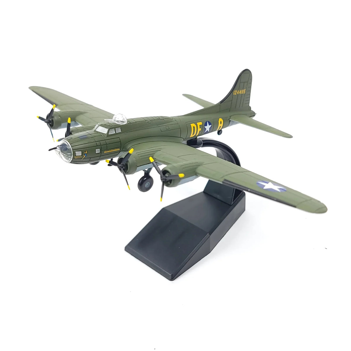 NUOTIE Model B-17F Flying Fortress diecast model in green with black stand, angled front view