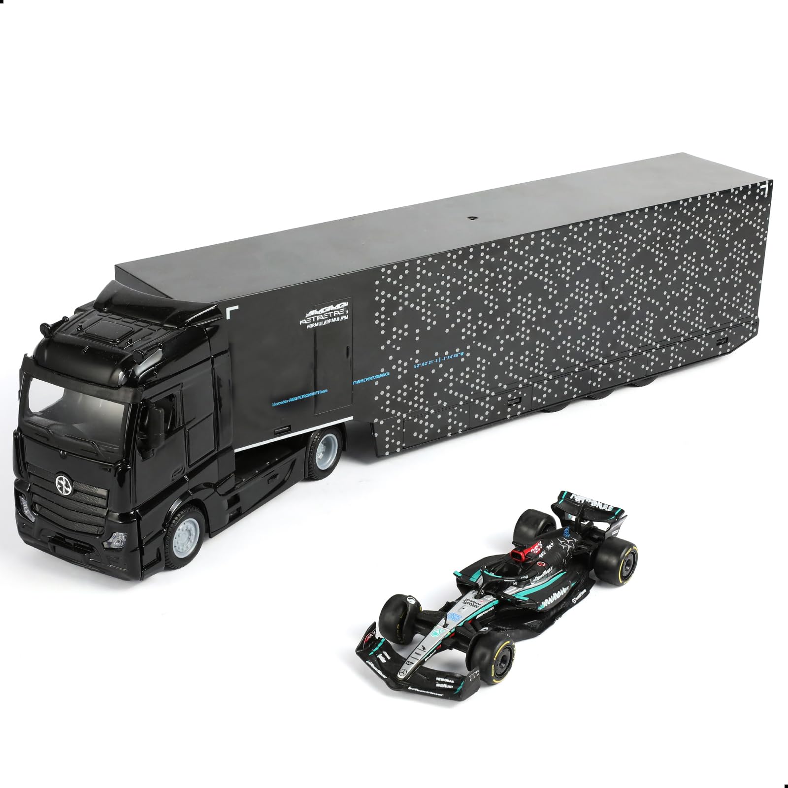 1/43 Diecast Racing Hauler Semi Truck Model with Container and Race Car - Metal Transport Collectible - Black