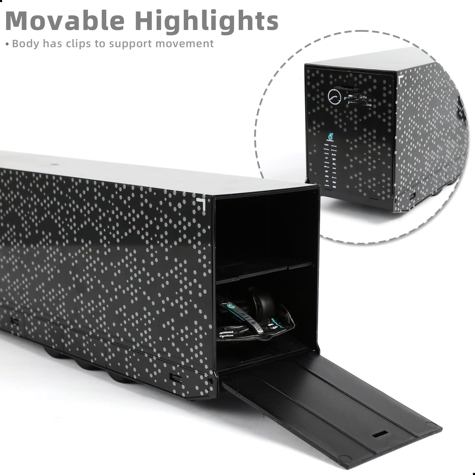 1/43 Diecast Racing Hauler Semi Truck Model with Container and Race Car - Metal Transport Collectible - Black