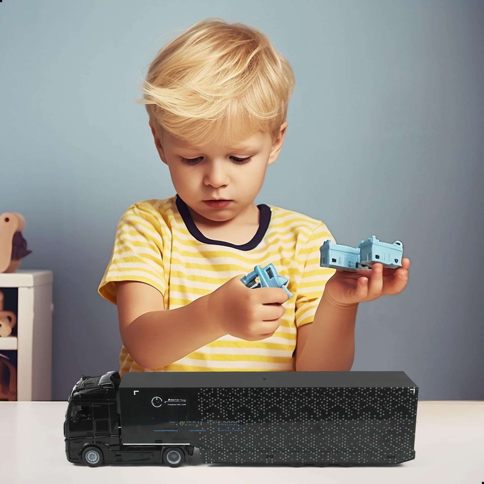 1/43 Diecast Racing Hauler Semi Truck Model with Container and Race Car - Metal Transport Collectible - Black