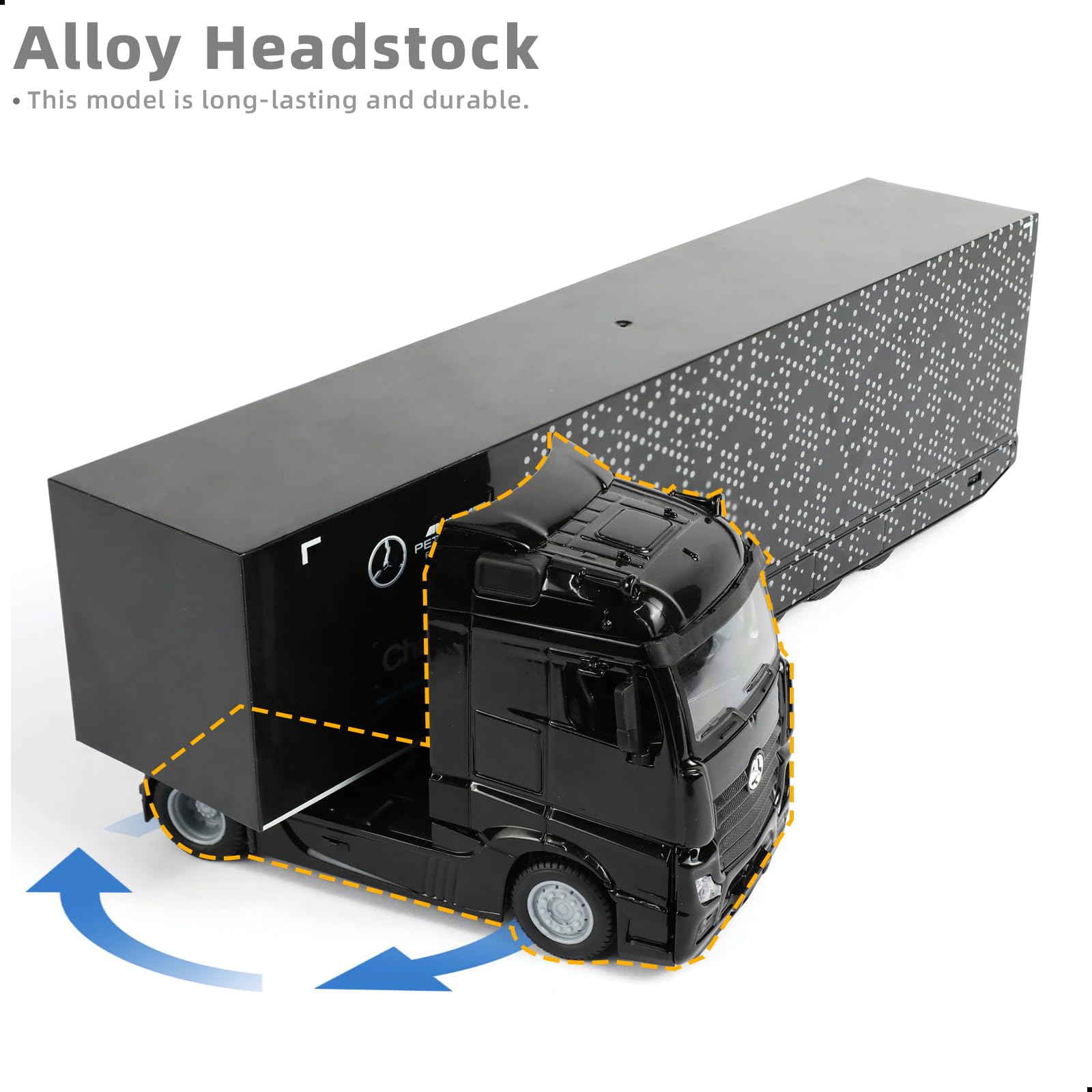 1/43 Diecast Racing Hauler Semi Truck Model with Container and Race Car - Metal Transport Collectible - Black