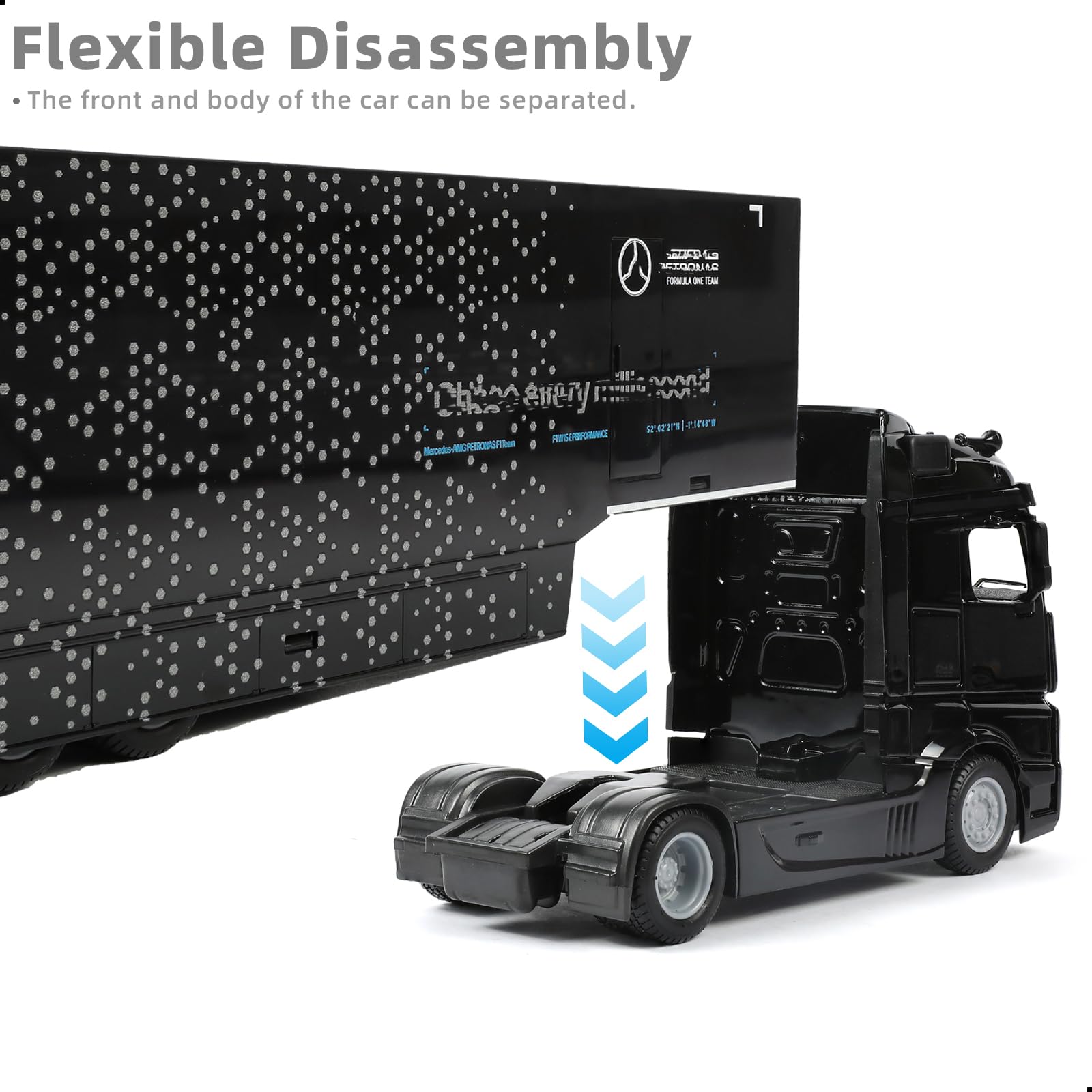 1/43 Diecast Racing Hauler Semi Truck Model with Container and Race Car - Metal Transport Collectible - Black