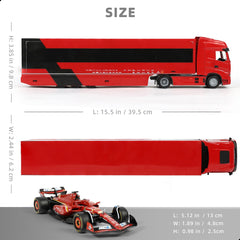 1/43 Diecast Racing Hauler Semi Truck Model with Container and Race Car - Metal Transport Collectible - Red