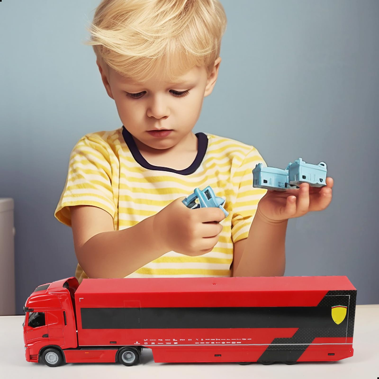 1/43 Diecast Racing Hauler Semi Truck Model with Container and Race Car - Metal Transport Collectible - Red