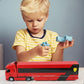 1/43 Diecast Racing Hauler Semi Truck Model with Container and Race Car - Metal Transport Collectible - Red