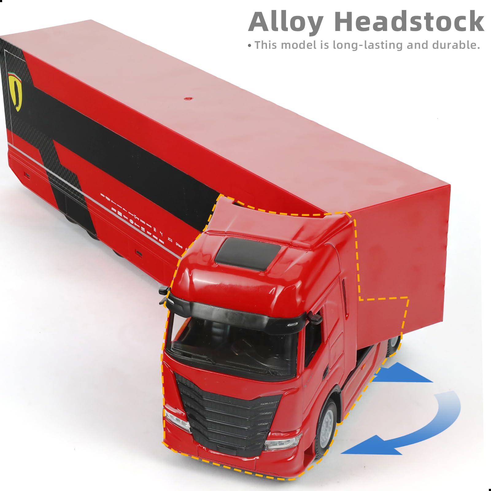 1/43 Diecast Racing Hauler Semi Truck Model with Container and Race Car - Metal Transport Collectible - Red