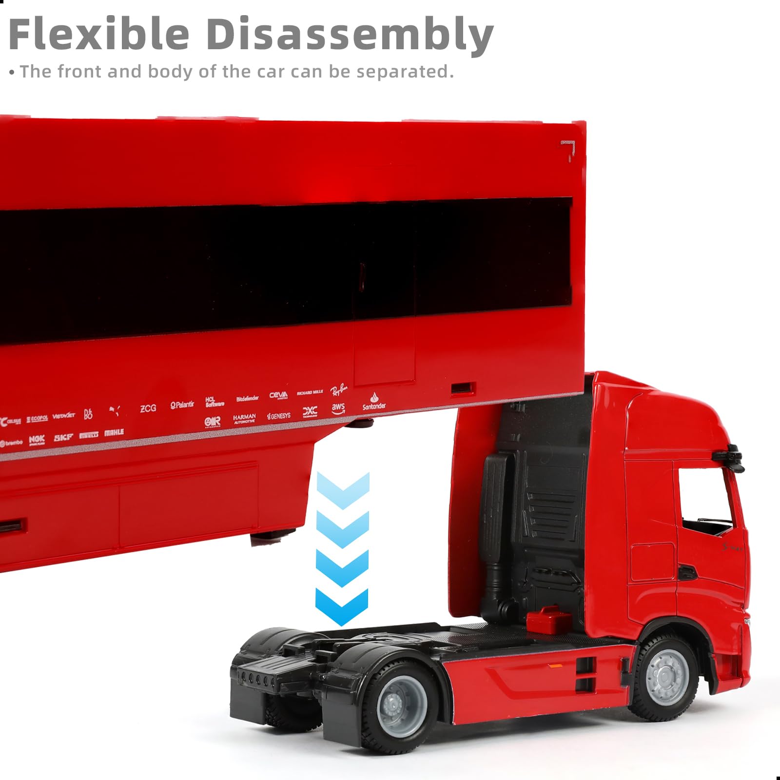 1/43 Diecast Racing Hauler Semi Truck Model with Container and Race Car - Metal Transport Collectible - Red