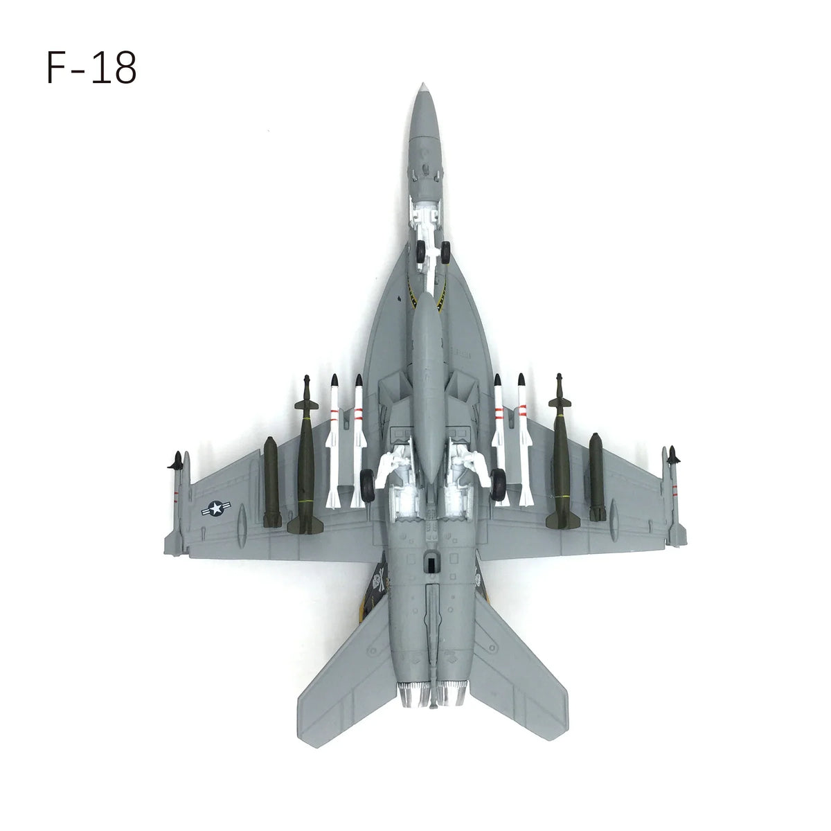 Top view of a NUOTIE Model 1/100 F/A-18 Super Hornet diecast model with missiles