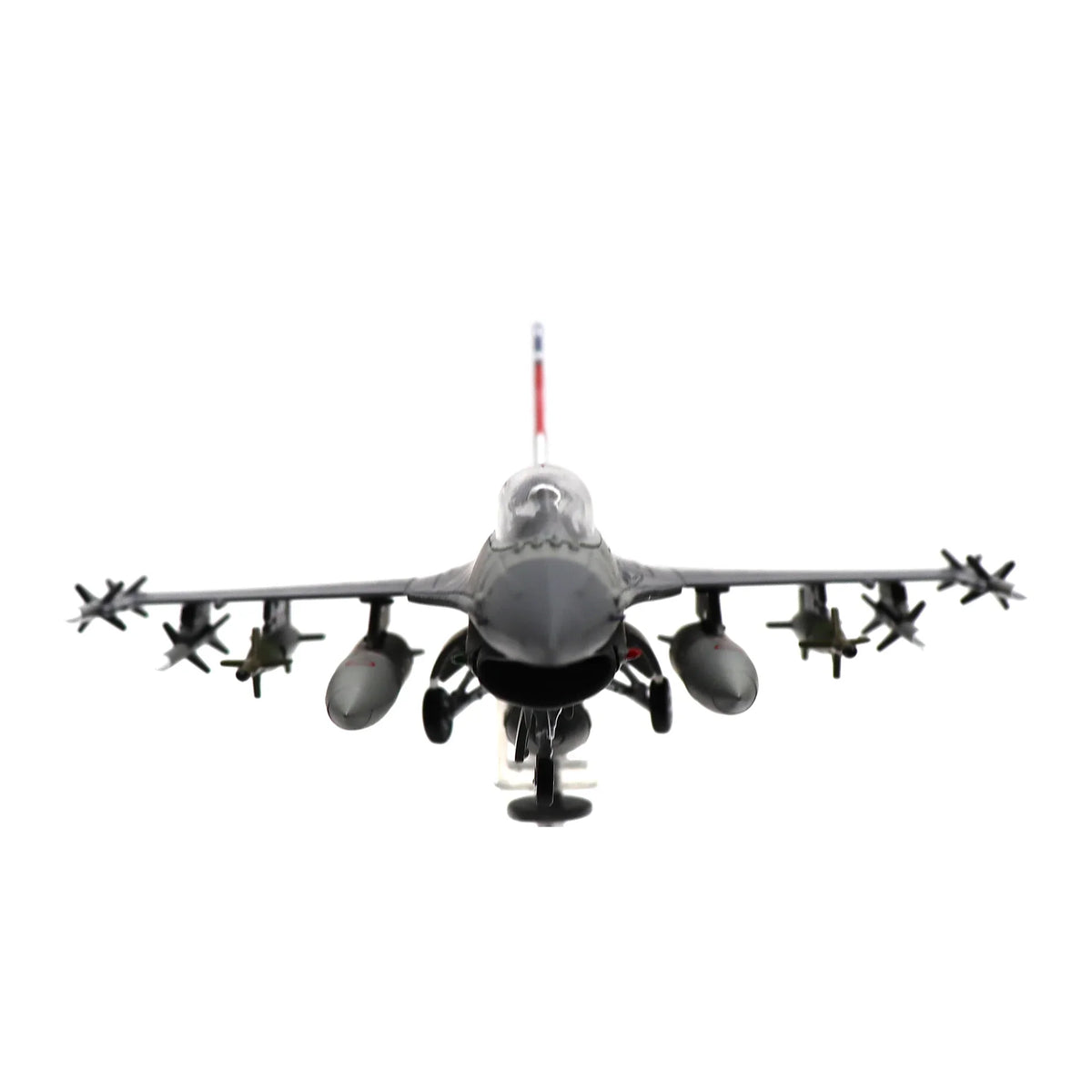 NUOTIE F-16D Fighting Falcon diecast model in gray with missiles, front view close-up