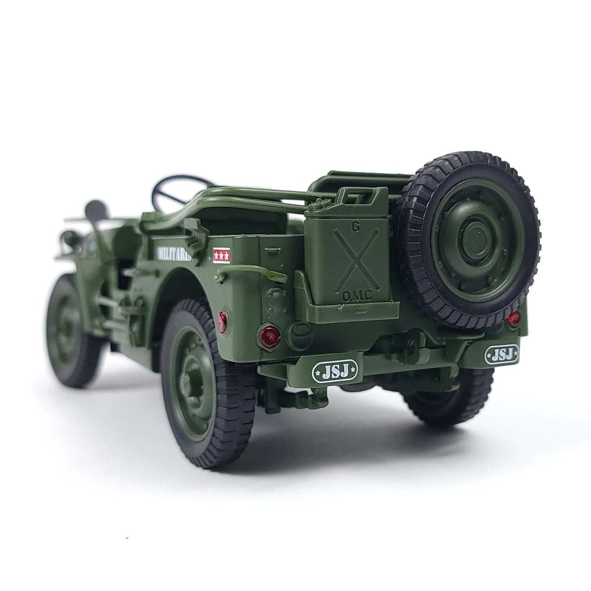 1:18 scale model of a Willys Military Jeep in green with detailed rear view and visible license plates.