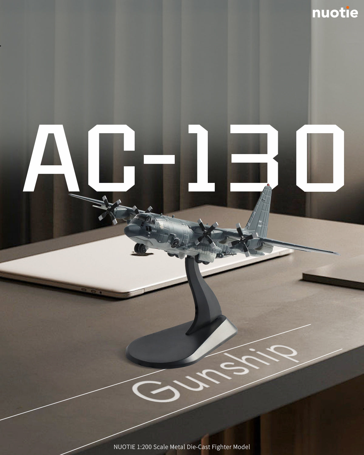 NUOTIE AC-130U Spooky II gunship model in grey, side profile on desk display
