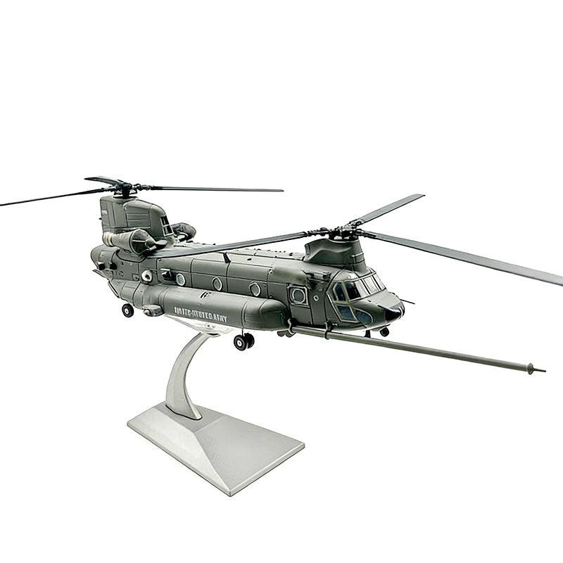 NUOTIE Model MH-47G Chinook helicopter in grey, top view on display stand