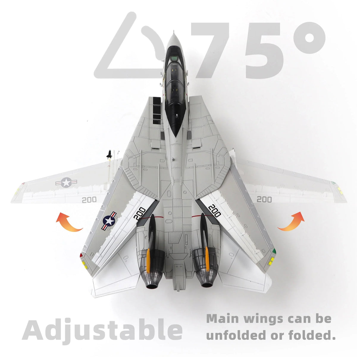 NUOTIE Model F-14A Jolly Rogers fighter model aircraft top view with adjustable wings in folded position