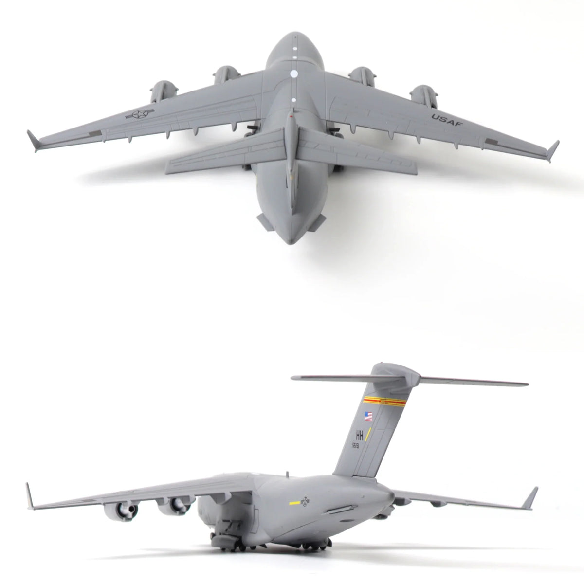 NUOTIE Model C-17 Globemaster III diecast model in gray, top view, displaying wings and fuselage.