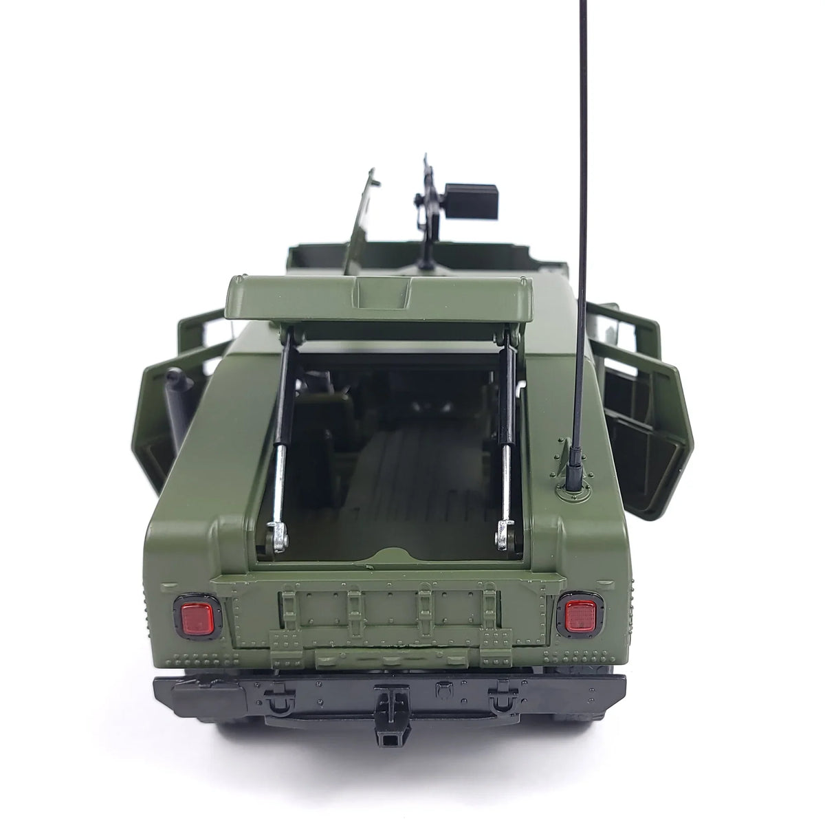 Rear view of a 1:18 scale die-cast Hummer H1 military armored truck model in green.
