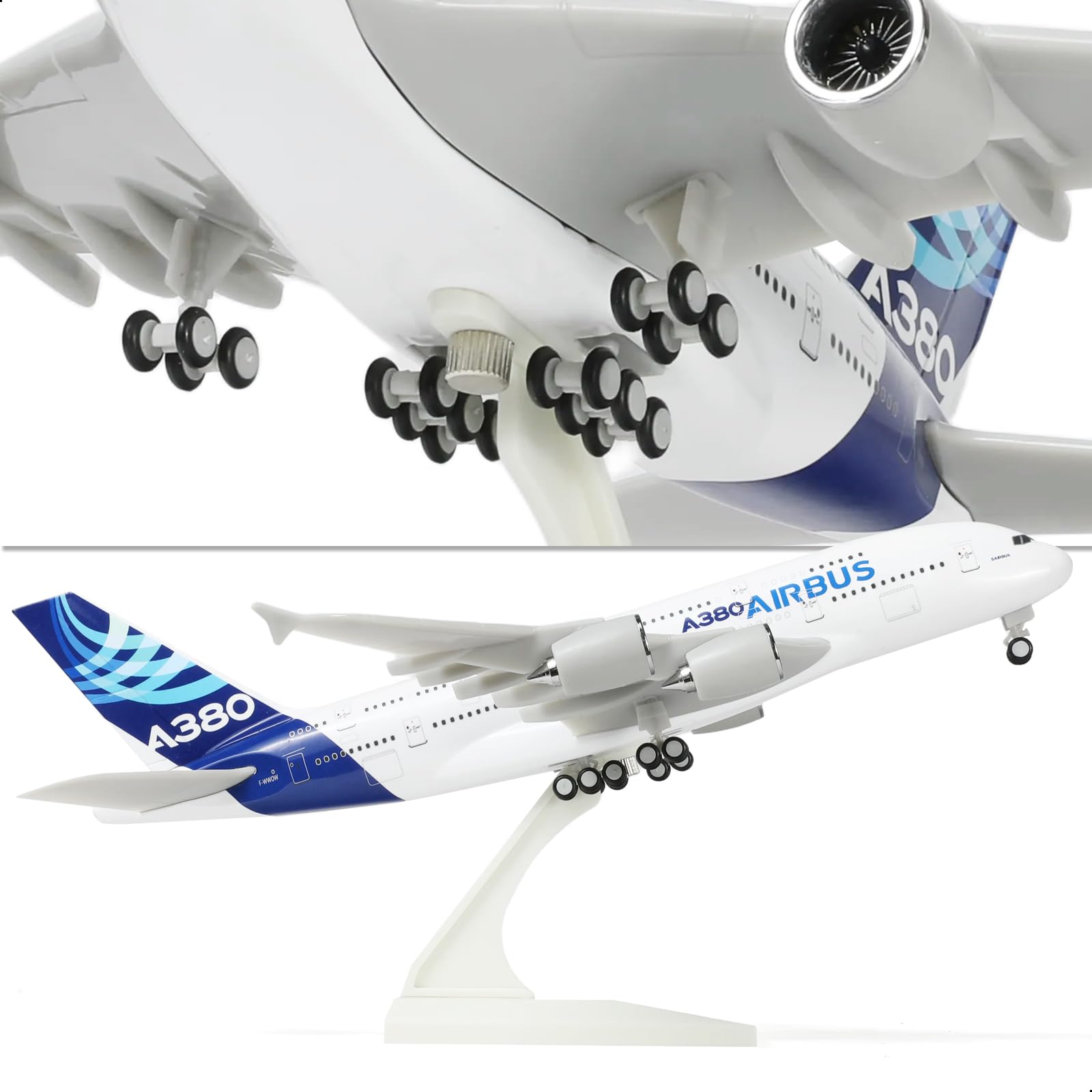 QIYUMOKE 1/240 Airbus A380 model with detailed underside view and landing gear, aircraft