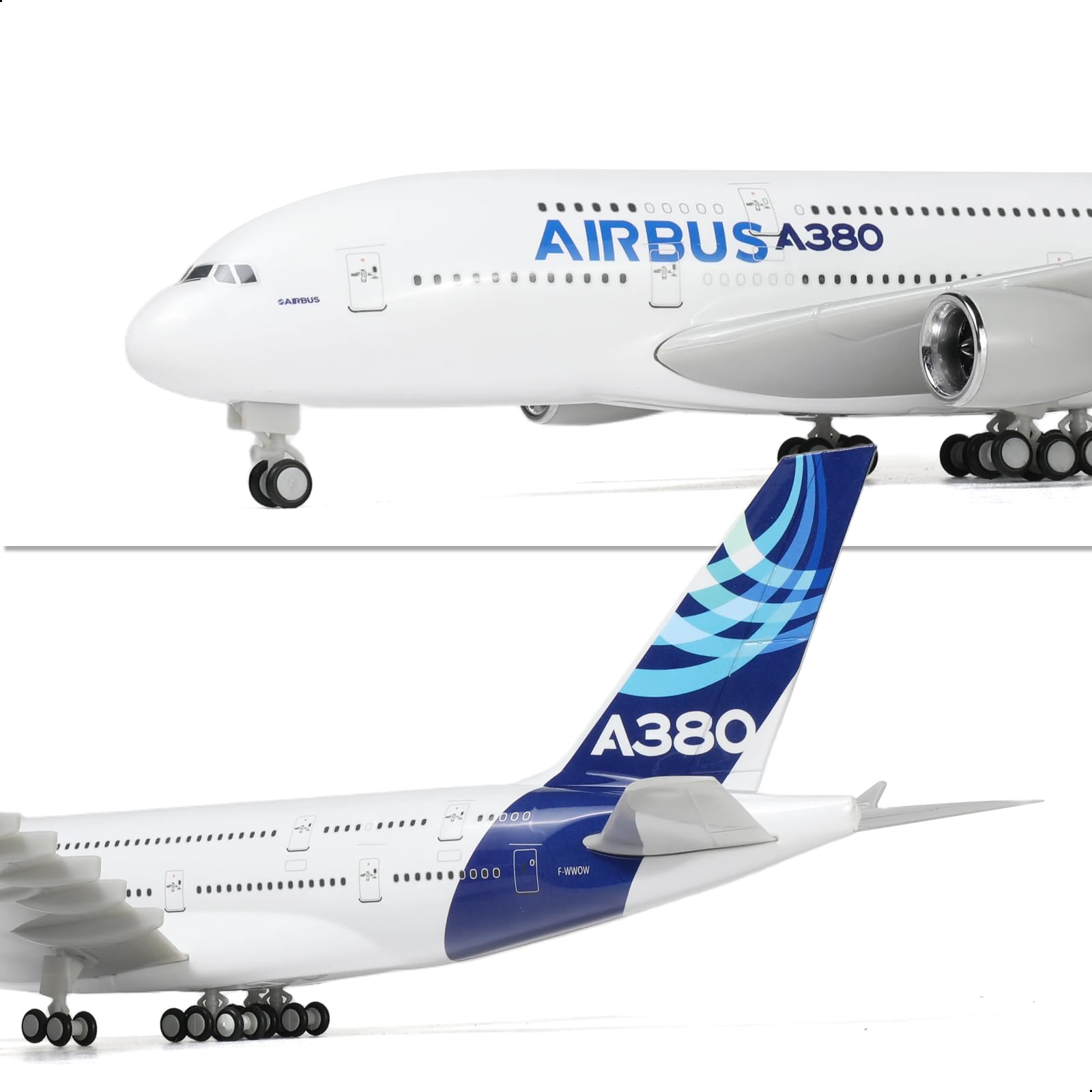 QIYUMOKE 1/240 Airbus A380 model showcasing front view and tail design, aircraft