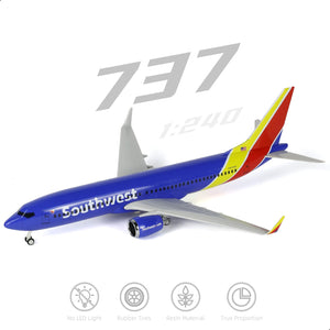 Top view of the Southwest Airlines Boeing 737 model, highlighting details and specifications like 1:240 scale and materials.
