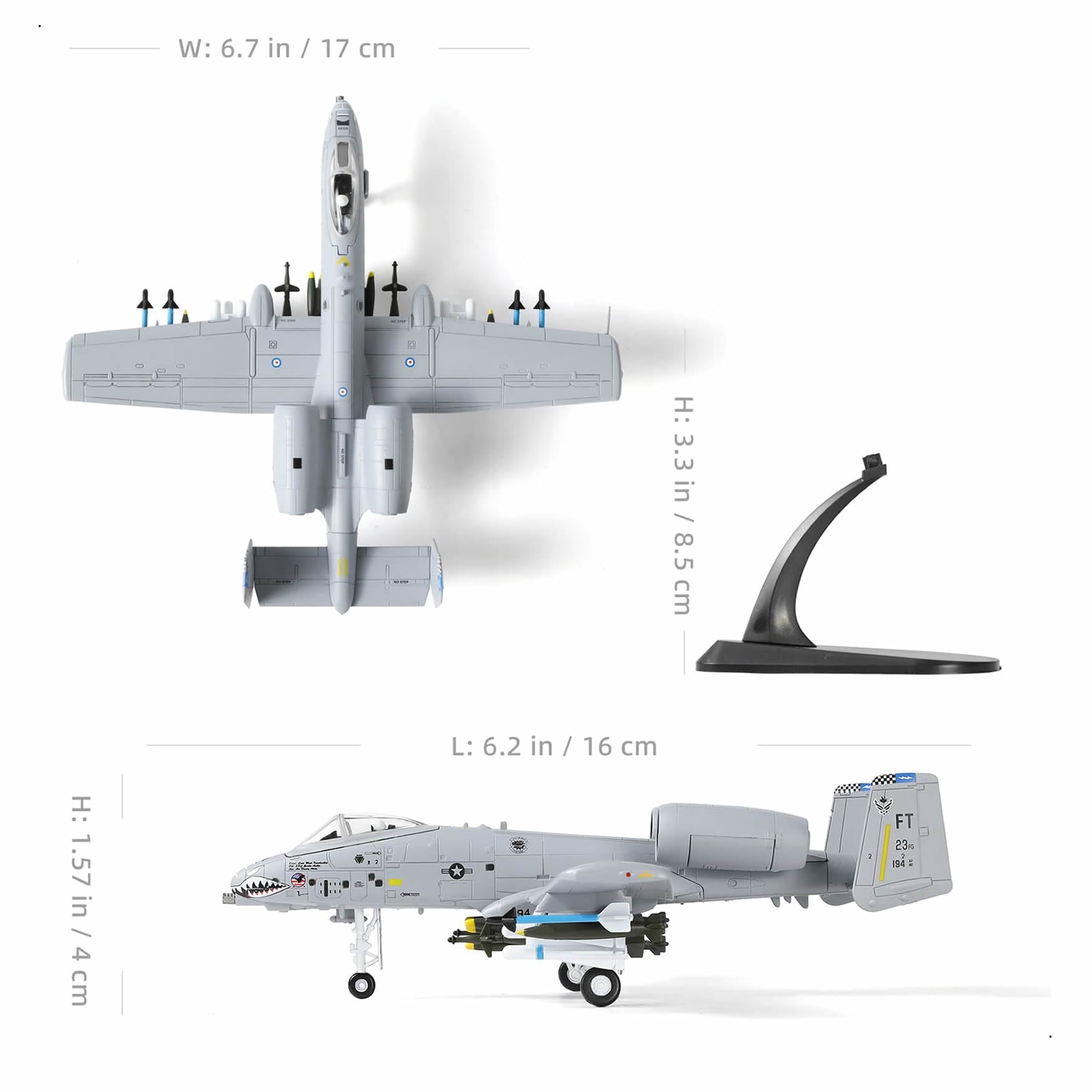 NUOTIE Model A-10 Thunderbolt II top view with stand and dimensions