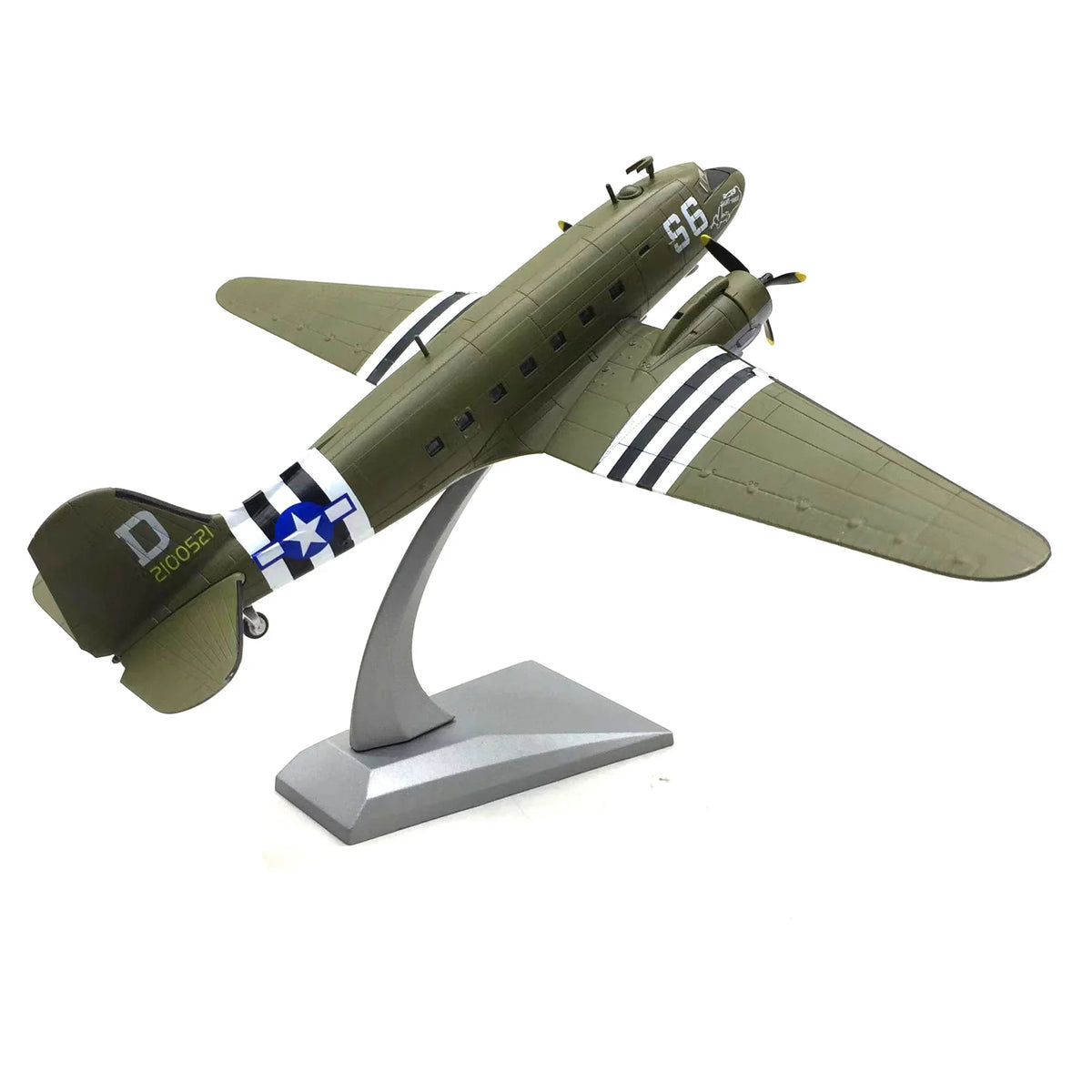 NUOTIE Model Douglas C-47 Skytrain diecast metal model aircraft in green with stripes, side profile view