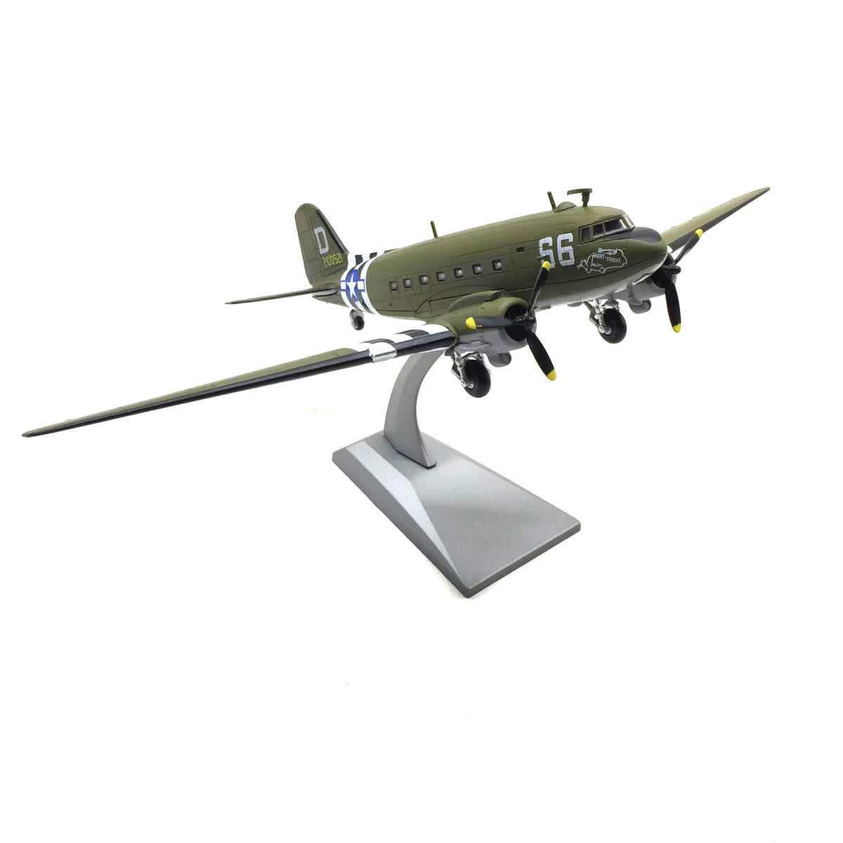 NUOTIE Model Douglas C-47 Skytrain diecast metal model aircraft in green with stripes, angled view on display stand
