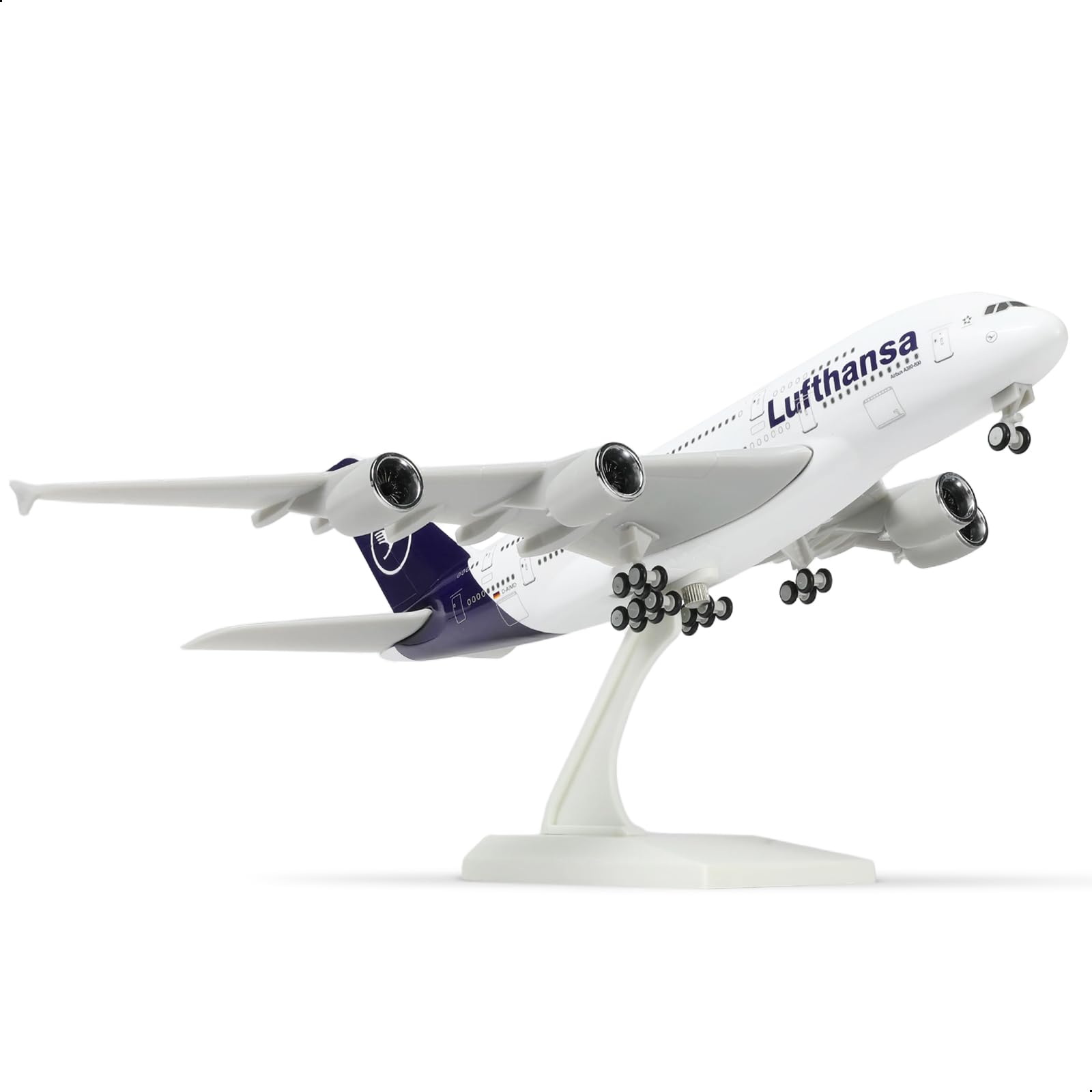 QIYUMOKE Lufthansa Airbus A380 model in navy and white, side view with landing gear