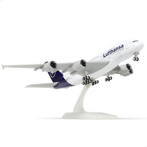 QIYUMOKE Lufthansa Airbus A380 model in navy and white, side view with landing gear