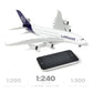 QIYUMOKE Lufthansa Airbus A380 model in navy and white, top view with smartphone for size reference