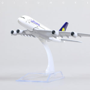 QIYUMOKE Lufthansa Airbus A380 model jet on clear stand, front view