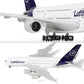 QIYUMOKE Lufthansa Airbus A380 model in navy and white, close-up of engines and fuselage