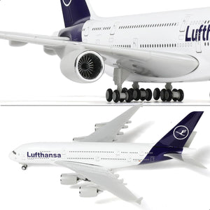 QIYUMOKE Lufthansa Airbus A380 model in navy and white, close-up of engines and fuselage