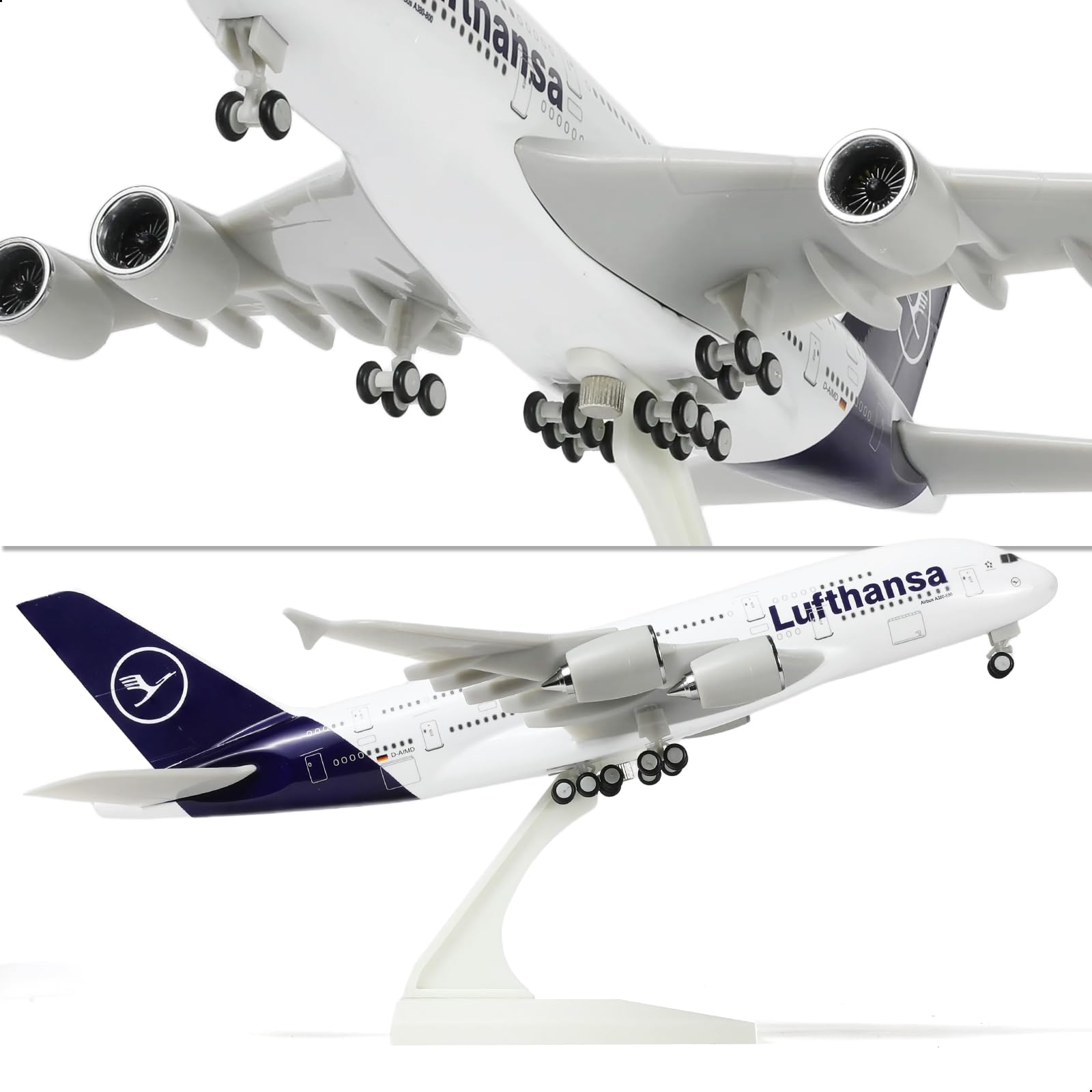 QIYUMOKE Lufthansa Airbus A380 model in navy and white, side profile view