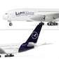 QIYUMOKE Lufthansa Airbus A380 model in navy and white, front view showcasing logo and tail