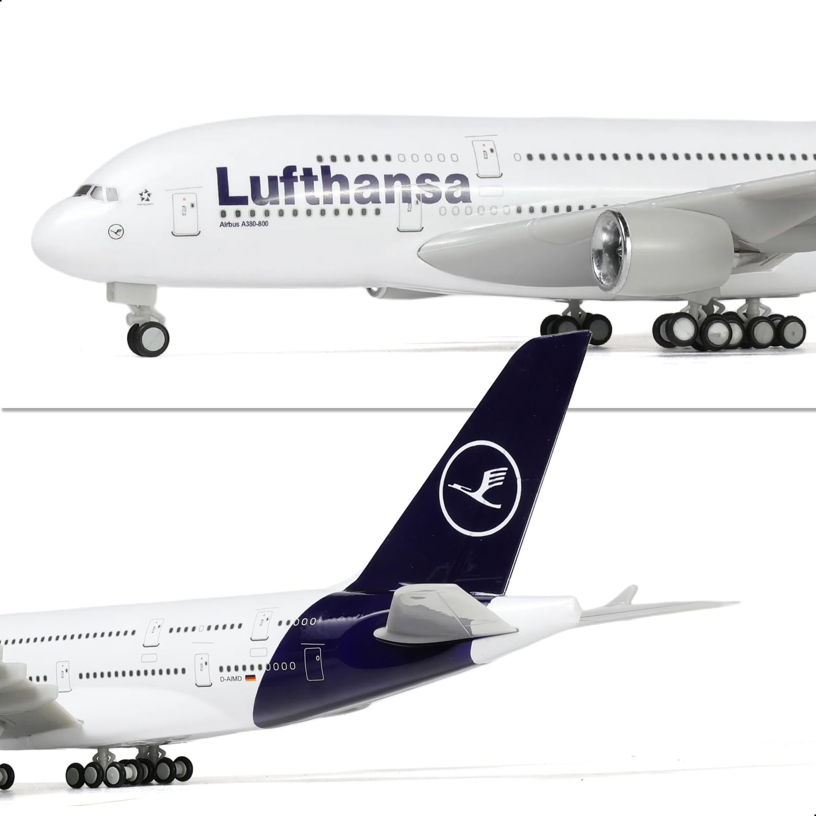 QIYUMOKE Lufthansa Airbus A380 model in navy and white, front view showcasing logo and tail